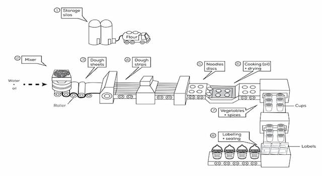 The diagram below shows how instant noodles is manufactured