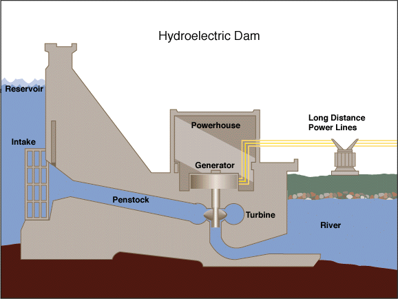 The diagram shows how electricity is generated in a hydroelectric power station